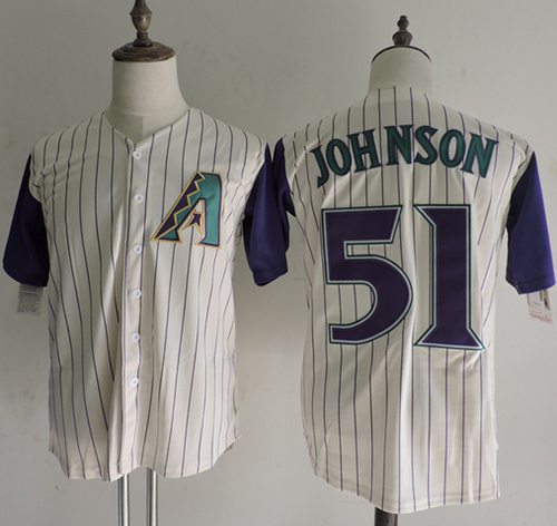Mitchell And Ness Diamondbacks #51 Randy Johnson Cream Strip Throwback Stitched MLB Jersey - Click Image to Close